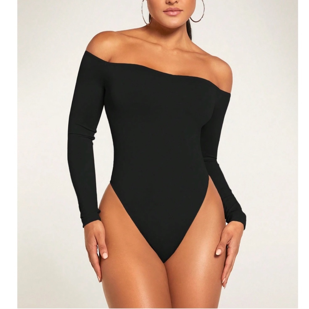 Black Off Shoulder Bodysuit Long Sleeves Slim